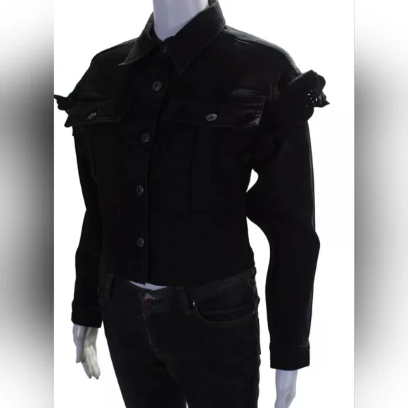 Something Navy Womens Denim Ruffled Button Up Jean Jacket Black Size XXS - Picture 2 of 5